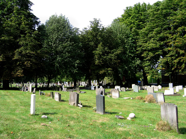 Leicester (Gilroes) Cemetery with Sgt Smith's Headstone (the headstone in the left foreground of the view).